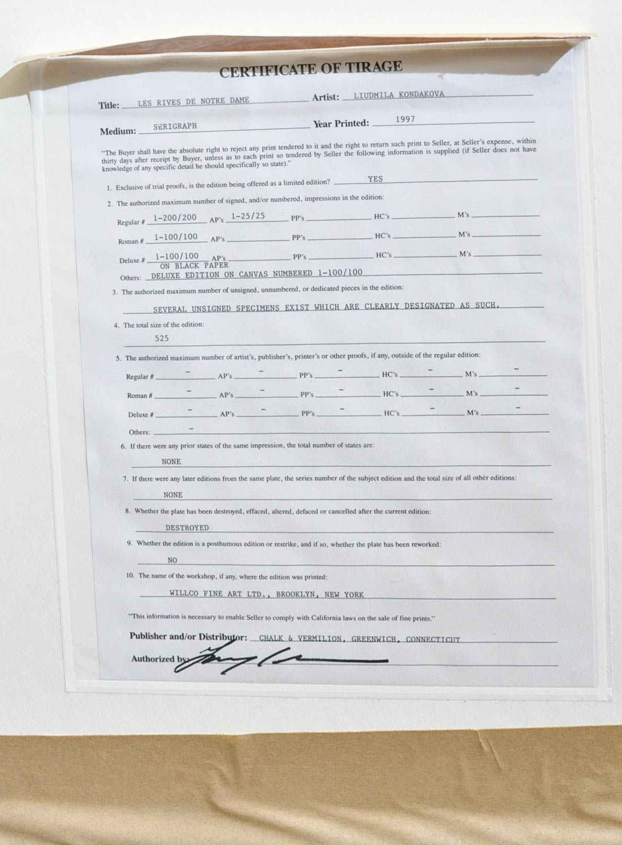Liudmila Kondakova Limited Edition Serigraph "Les Rives de Notre Dam"