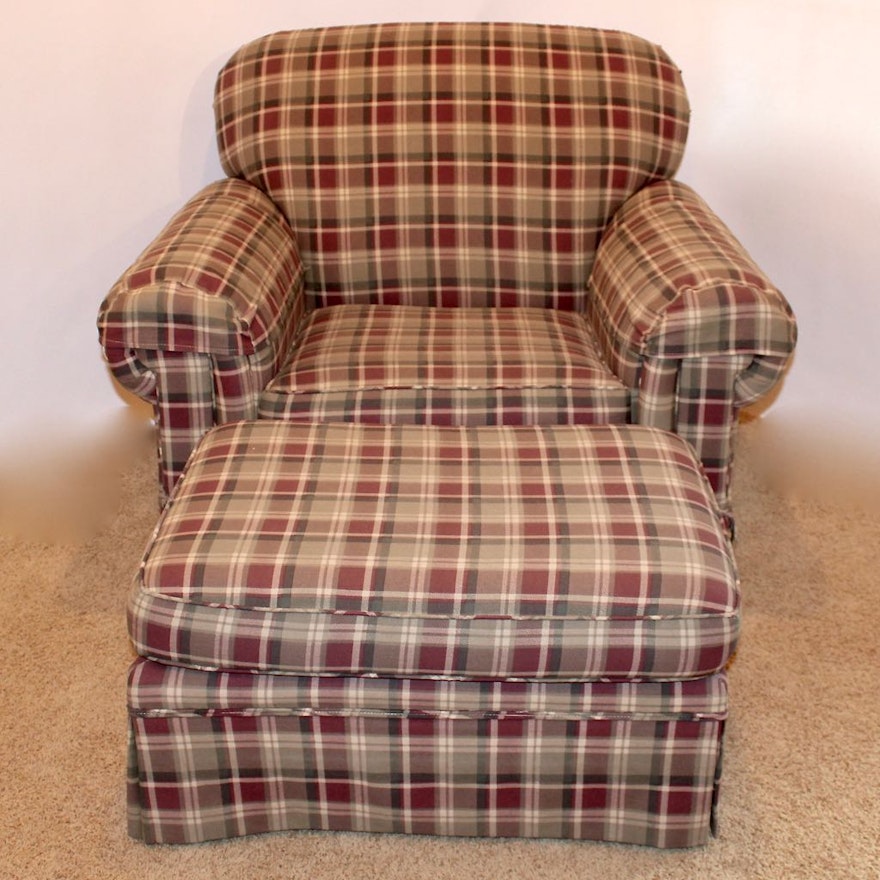 Oversize Plaid Upholstered Easy Chair + Ottoman