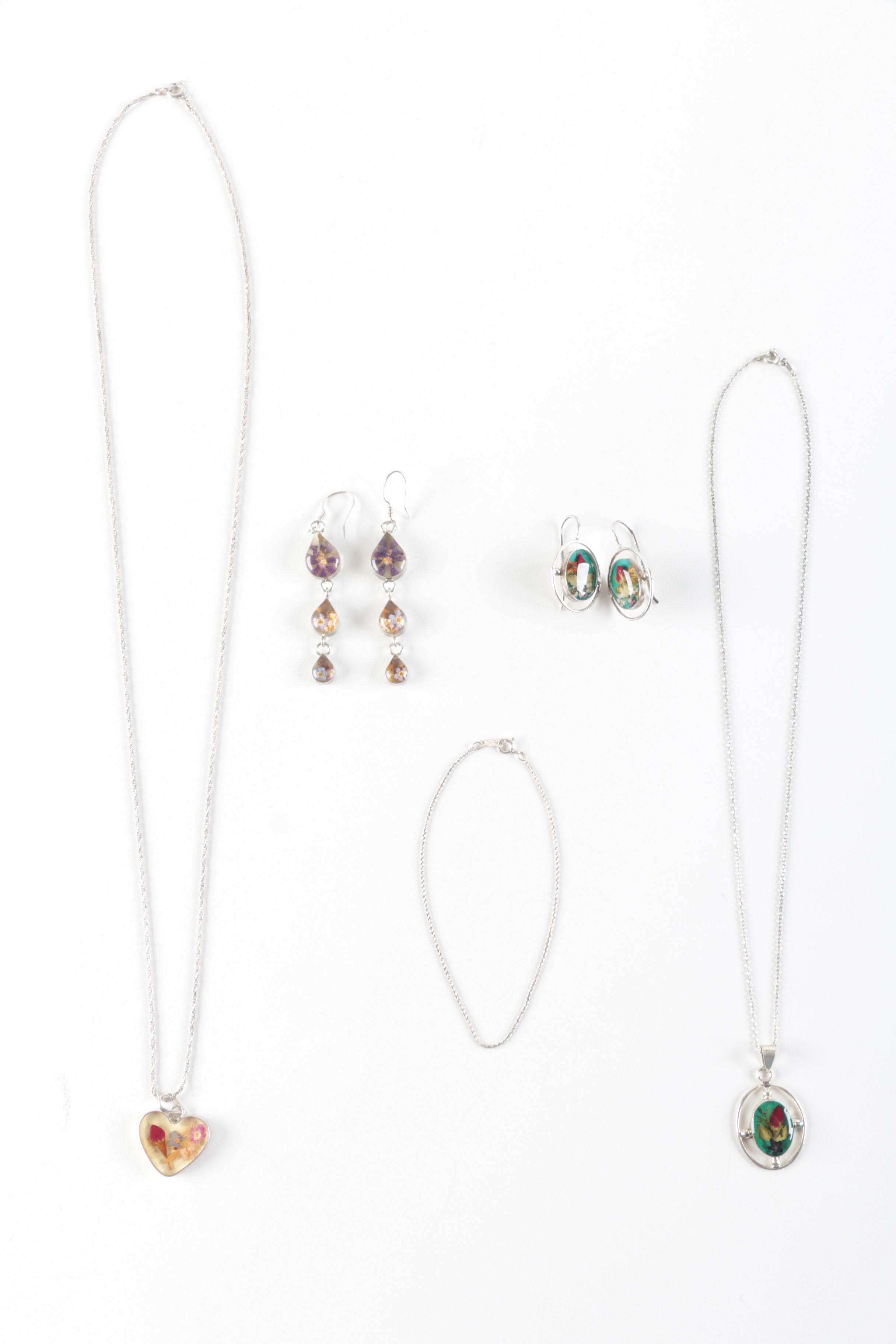 Sterling Silver Jewelry with Flowers Encased in Resin