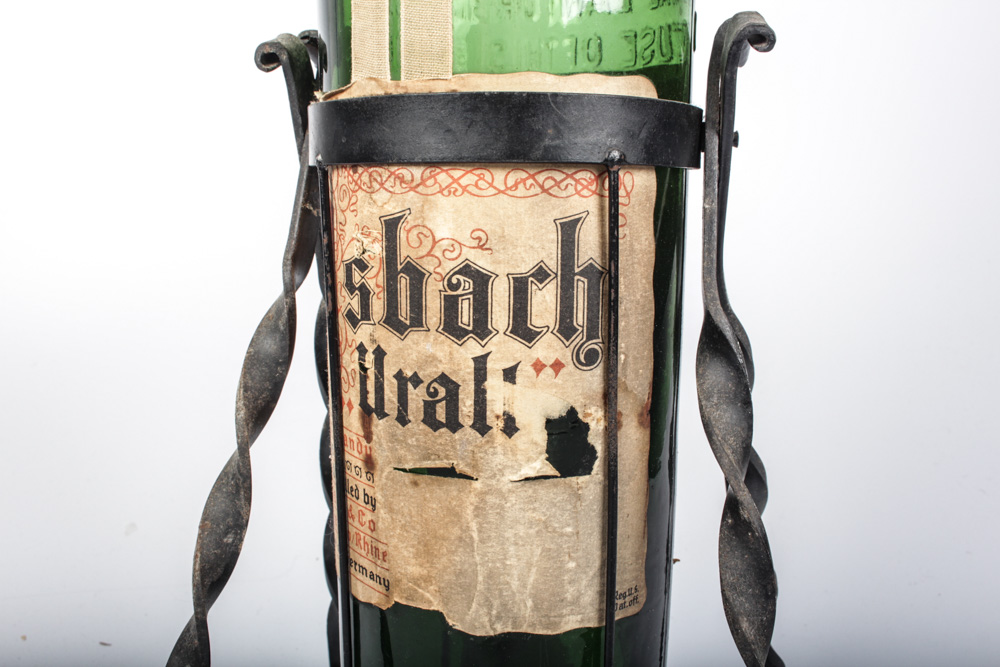 Vintage 3 Liter Asbach-Uralt Bottle and Wrought Iron Tilting Stand