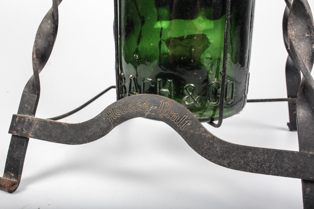 Vintage 3 Liter Asbach-Uralt Bottle and Wrought Iron Tilting Stand