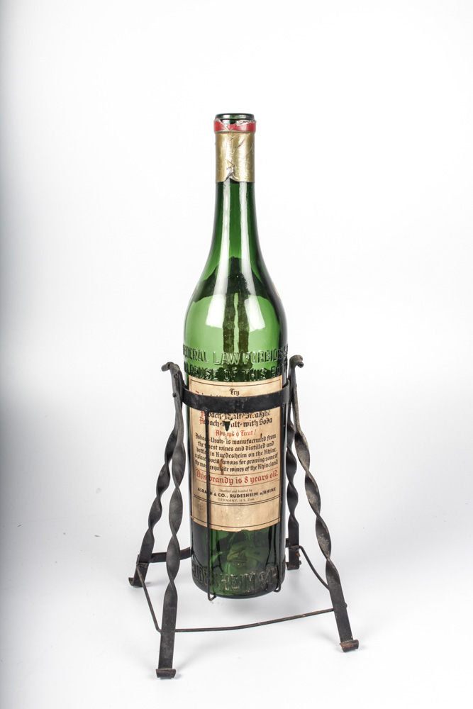 Vintage 3 Liter Asbach-Uralt Bottle and Wrought Iron Tilting Stand