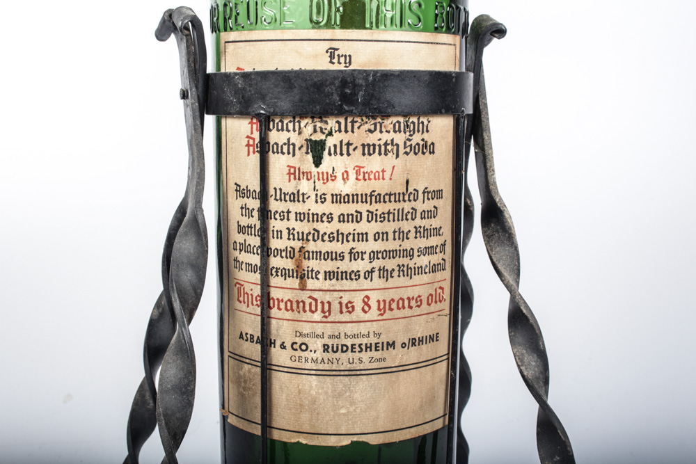 Vintage 3 Liter Asbach-Uralt Bottle and Wrought Iron Tilting Stand