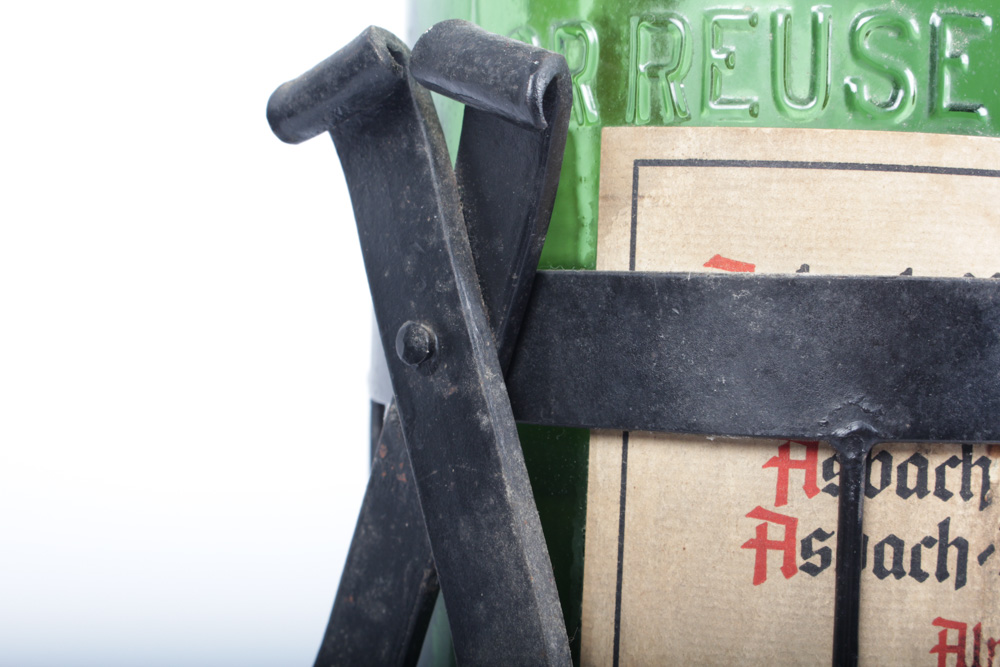 Vintage 3 Liter Asbach-Uralt Bottle and Wrought Iron Tilting Stand