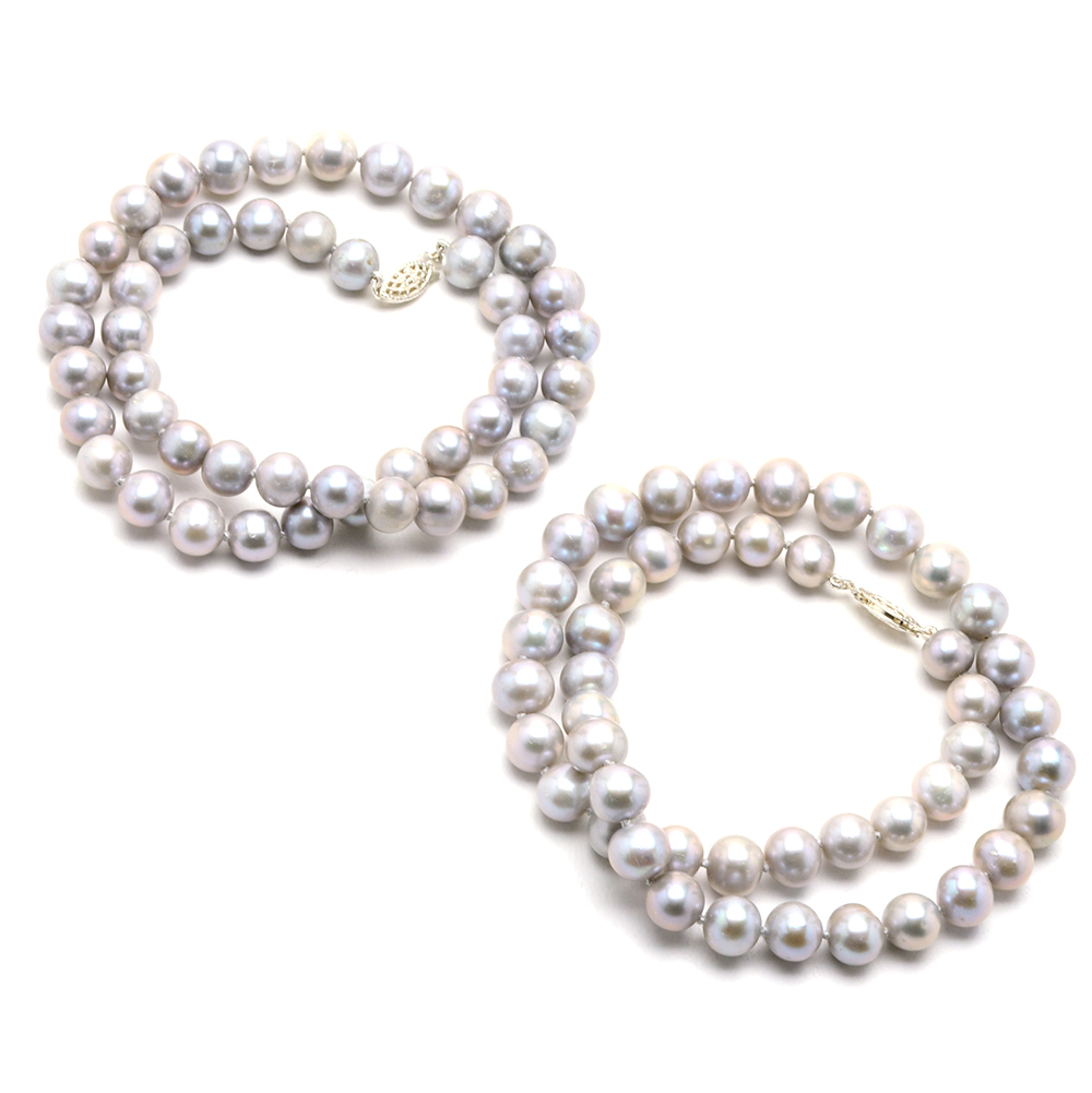 Pair of Grey Cultured Pearl Necklaces with Sterling Clasps