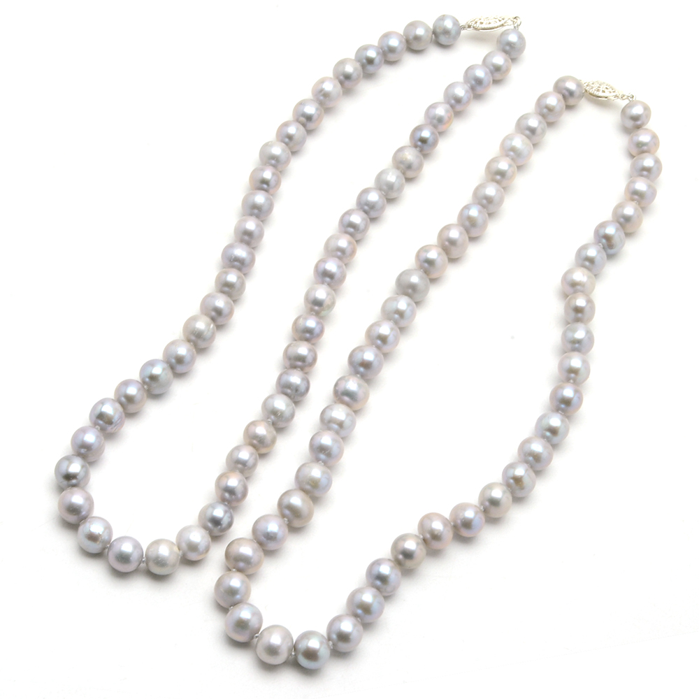 Pair of Grey Cultured Pearl Necklaces with Sterling Clasps