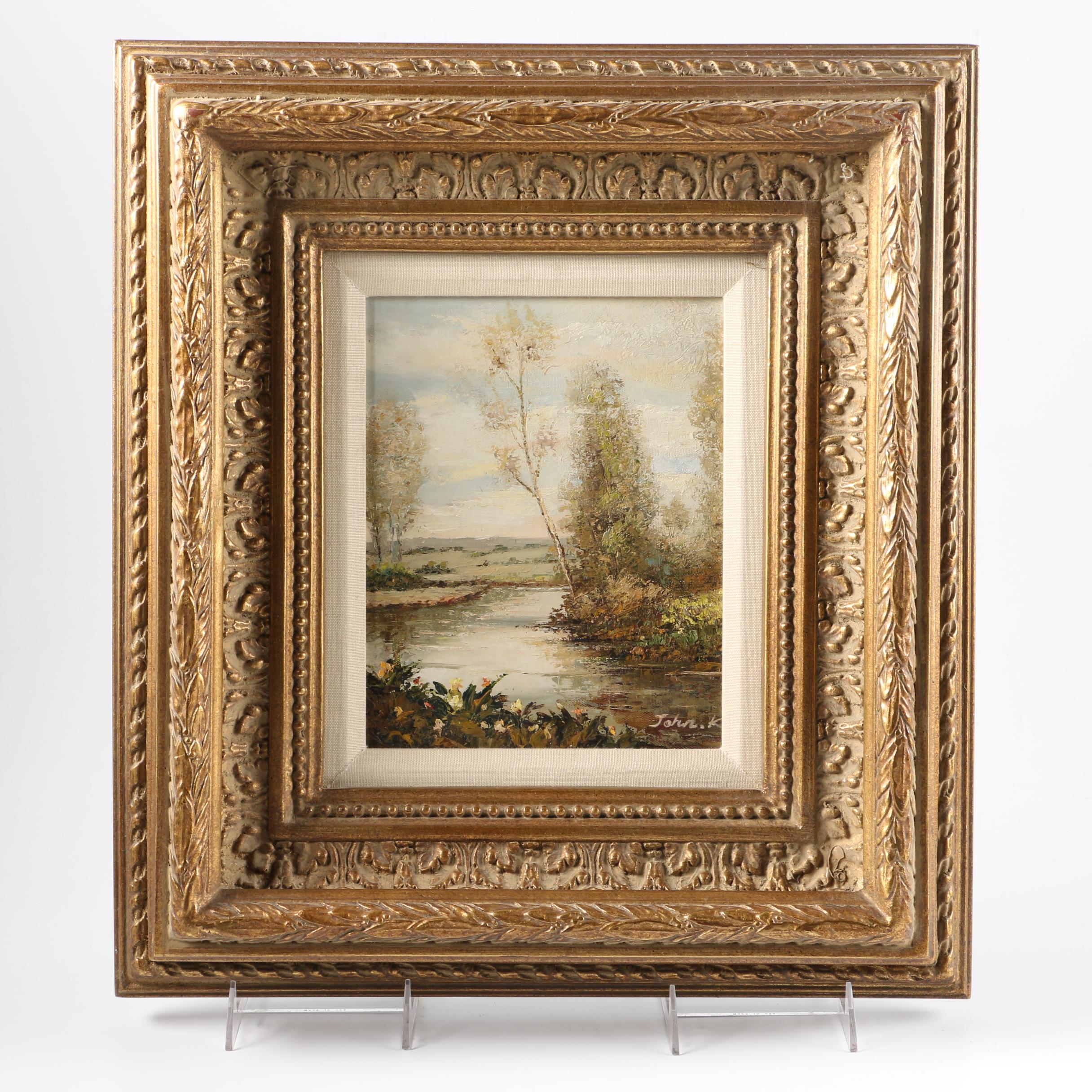 John K. Oil on Canvas River Landscape Scene