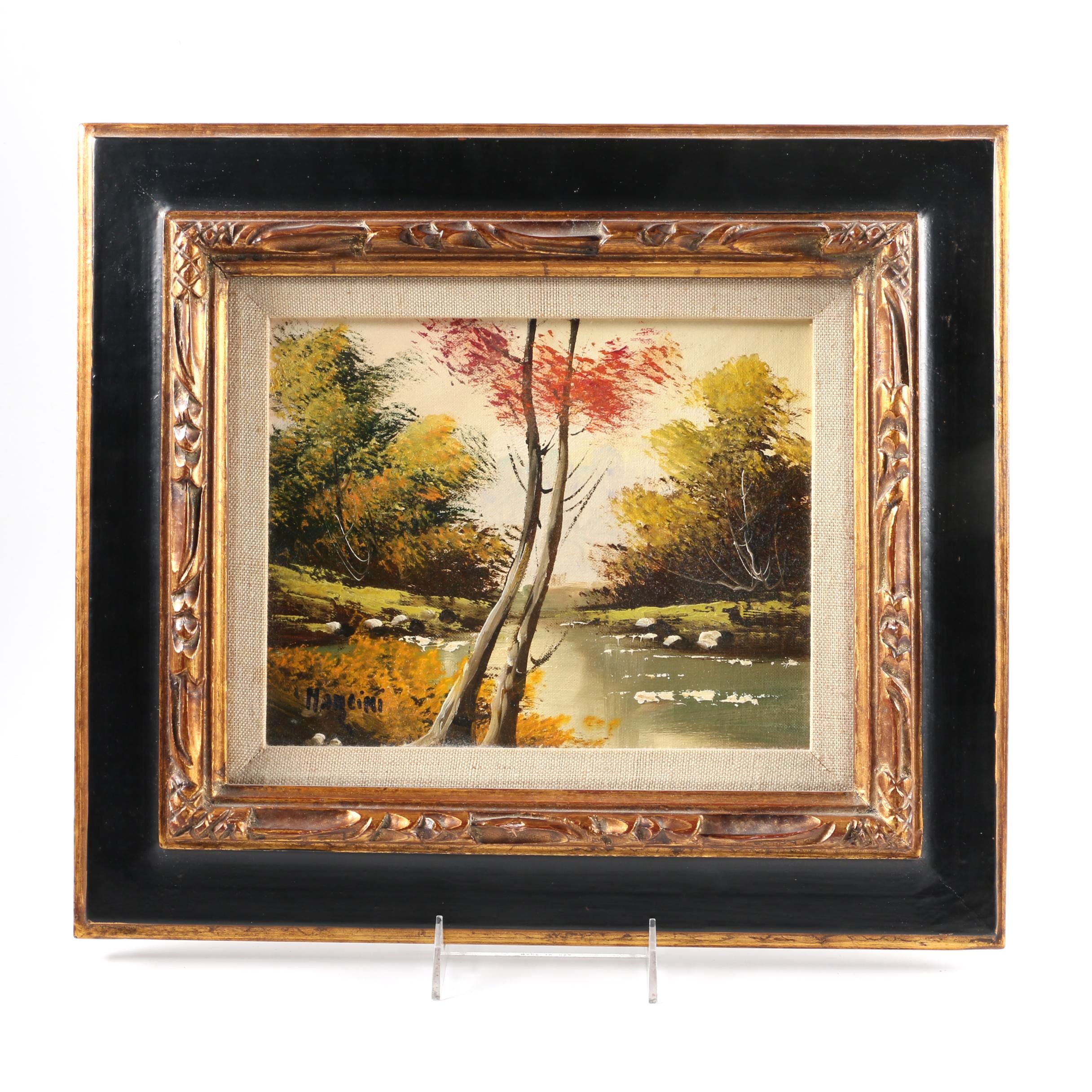 Mancini Oil Painting on Canvas Board of River Scene