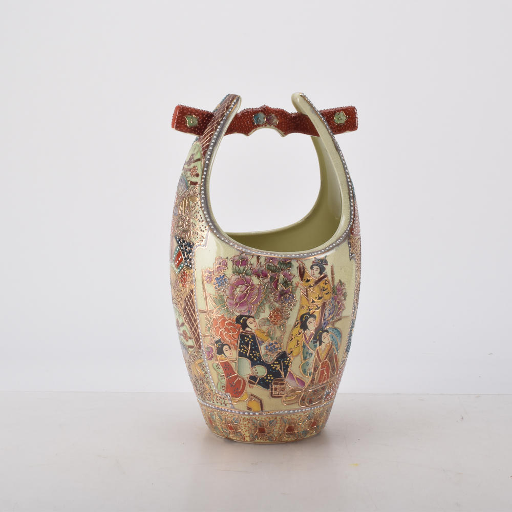Hand-Painted Chinese Royal Satsuma Vase with Handle