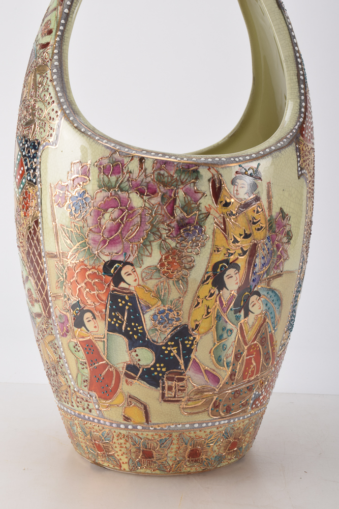 Hand-Painted Chinese Royal Satsuma Vase with Handle