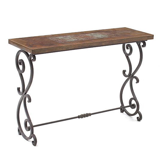 Rustic Copper Top Coffee Table on Wrought Iron Stand