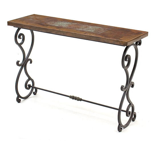 Rustic Copper Top Coffee Table on Wrought Iron Stand