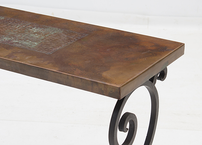 Rustic Copper Top Coffee Table on Wrought Iron Stand