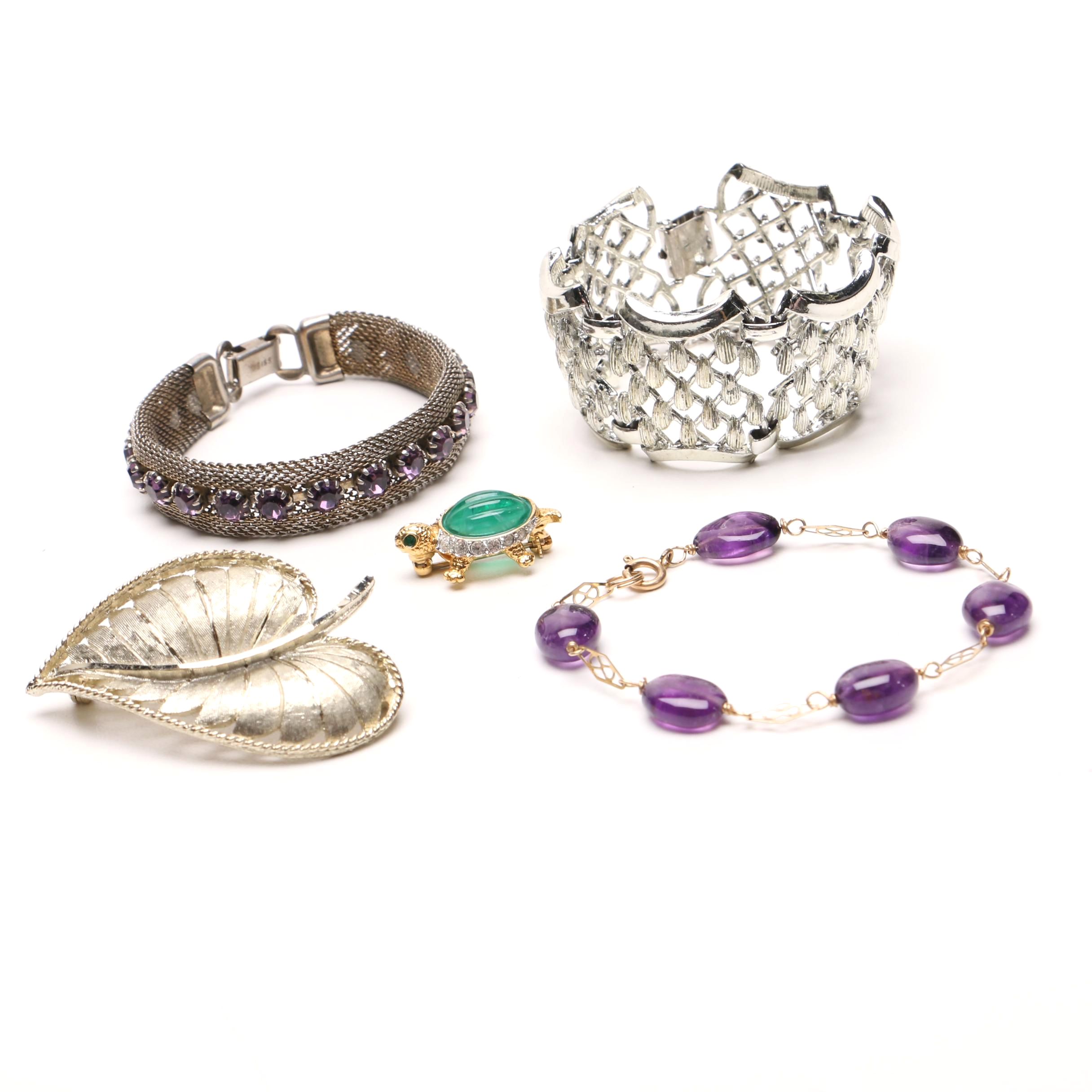 Three Costume Bracelets and Two Brooches