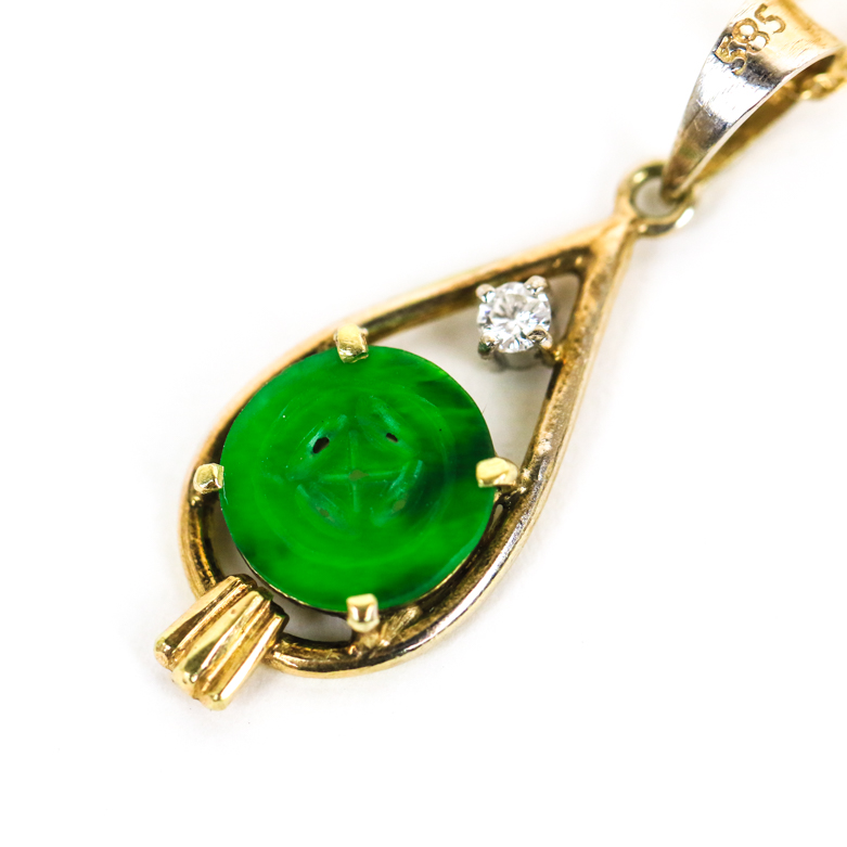 14K Yellow Gold, Nephrite Jade, and Diamond Pendant Necklace