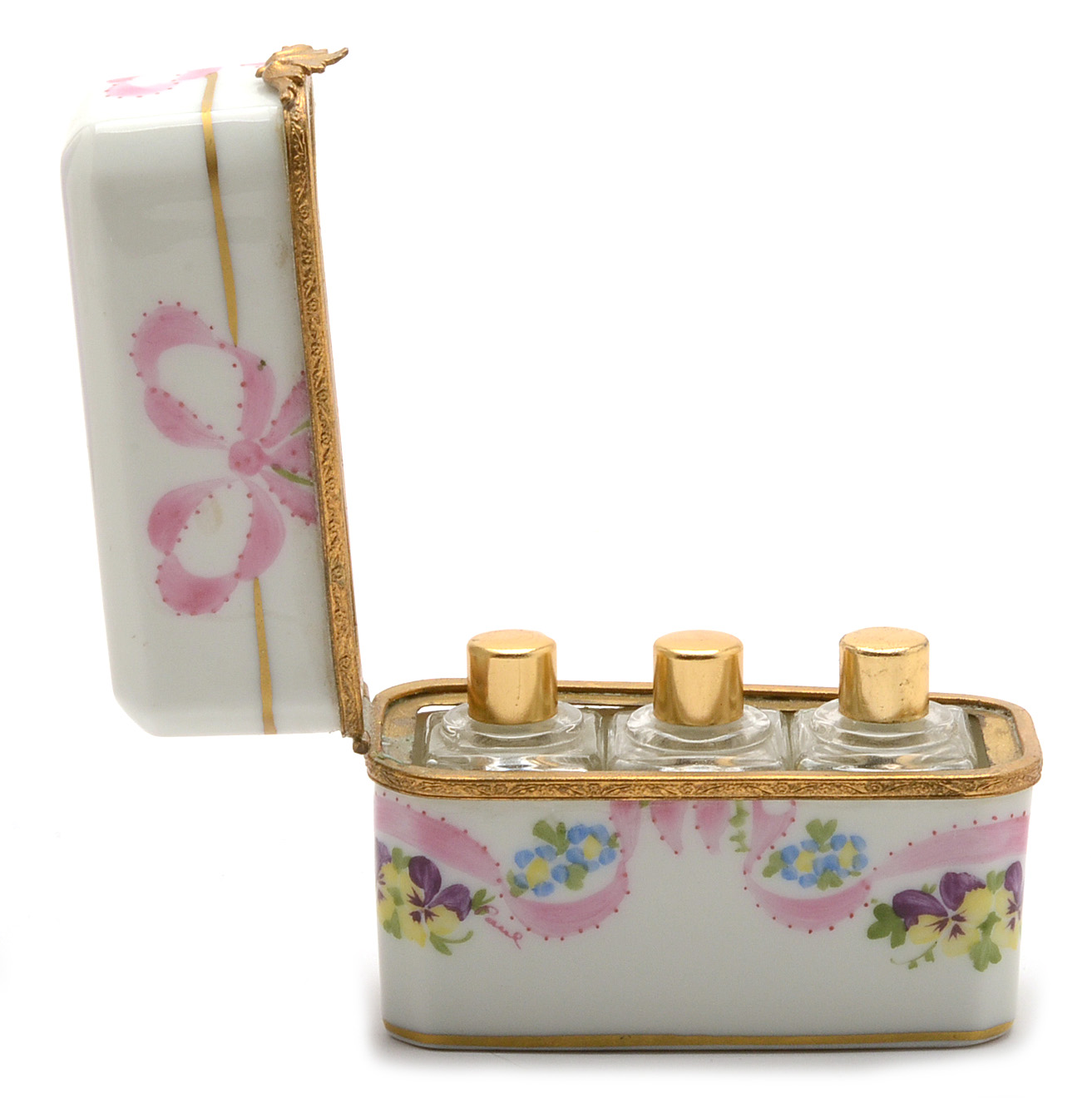 Limoges Porcelain Trinket Box with Scent Bottles