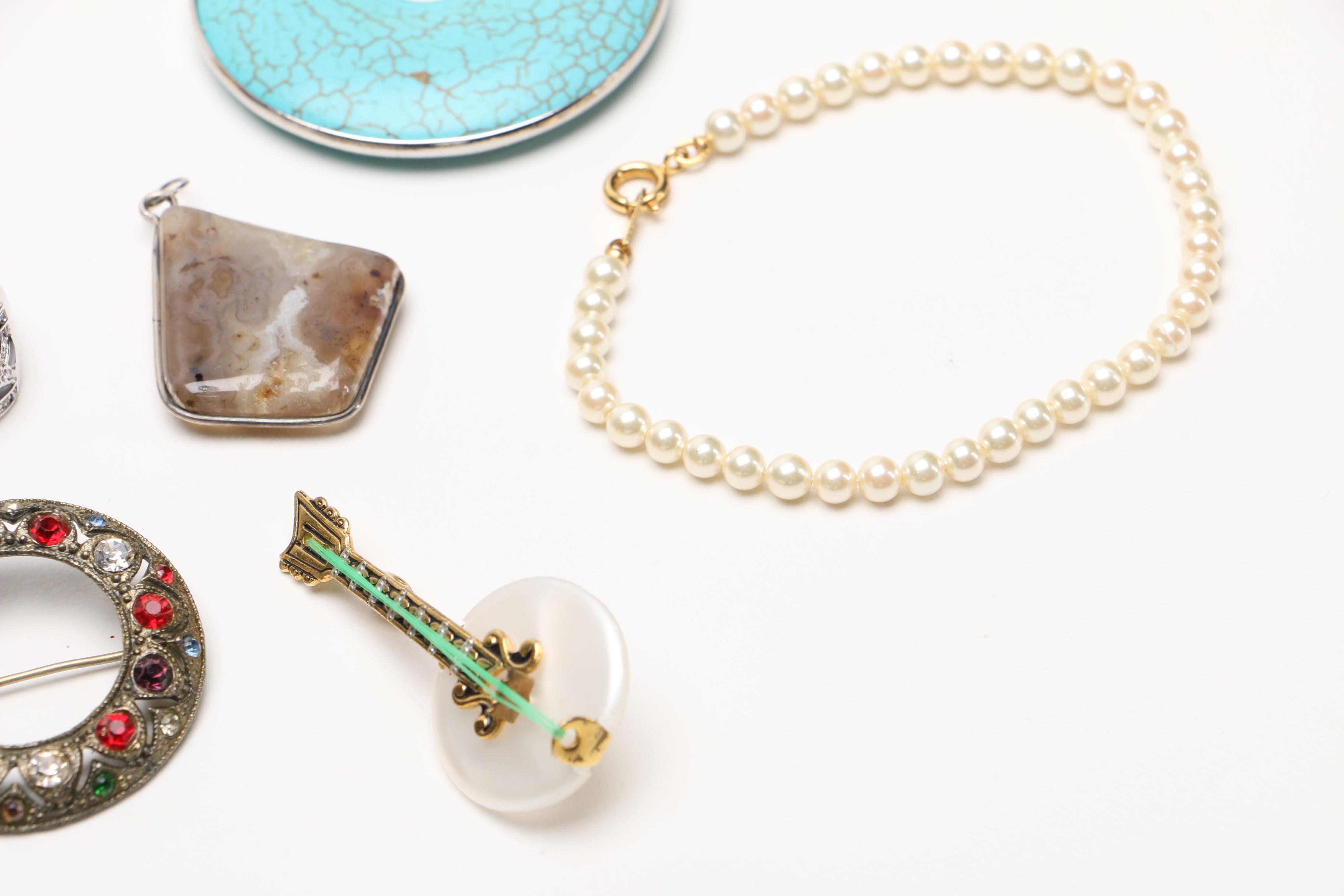 Costume Jewelry Including Damascene Style Guitar Brooch