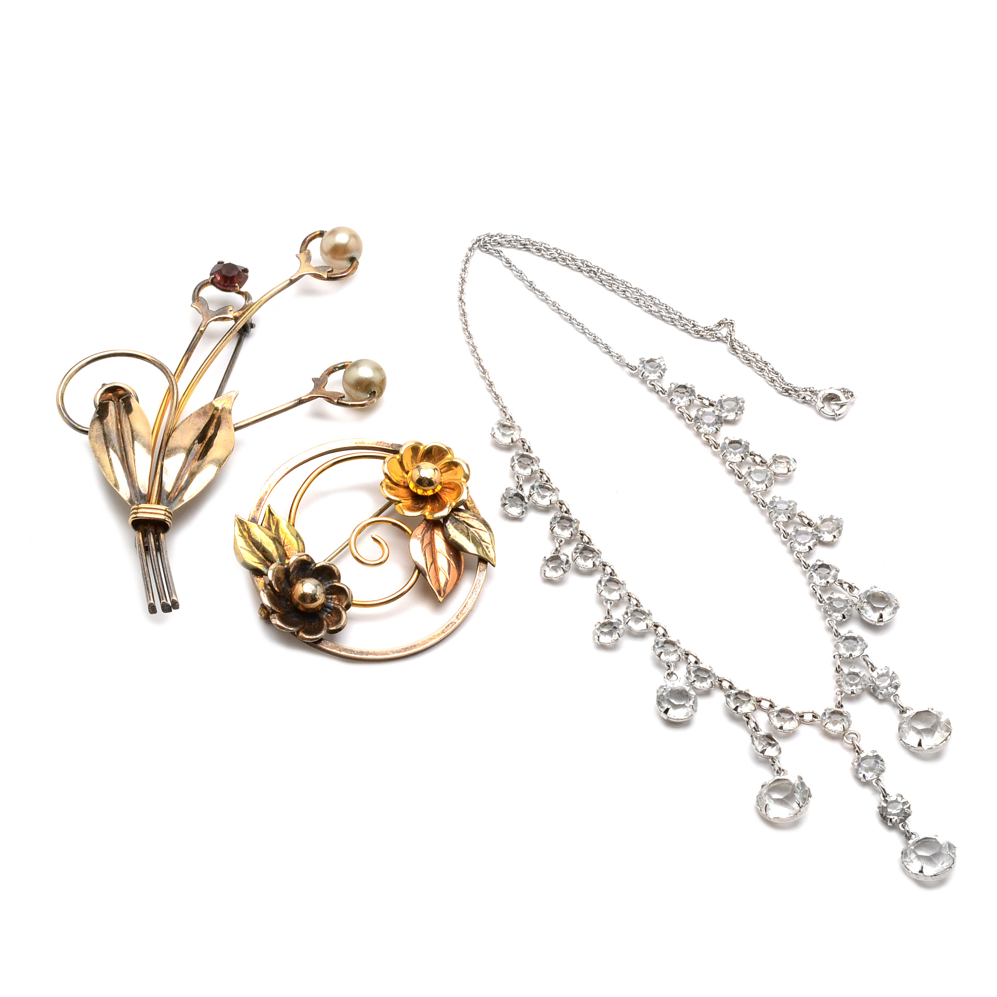 Vintage Gold Filled Brooches and Crystal Drop Necklace