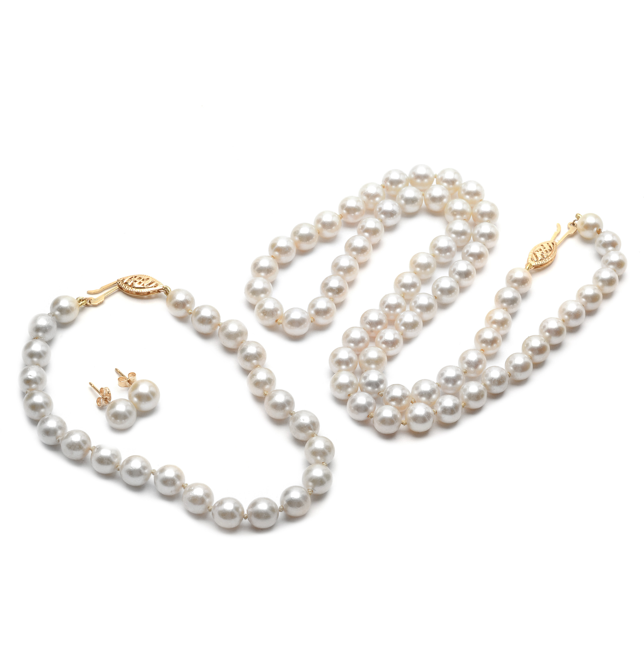 14K Yellow Gold Pearl Necklace, Bracelet and Earring Ensemble