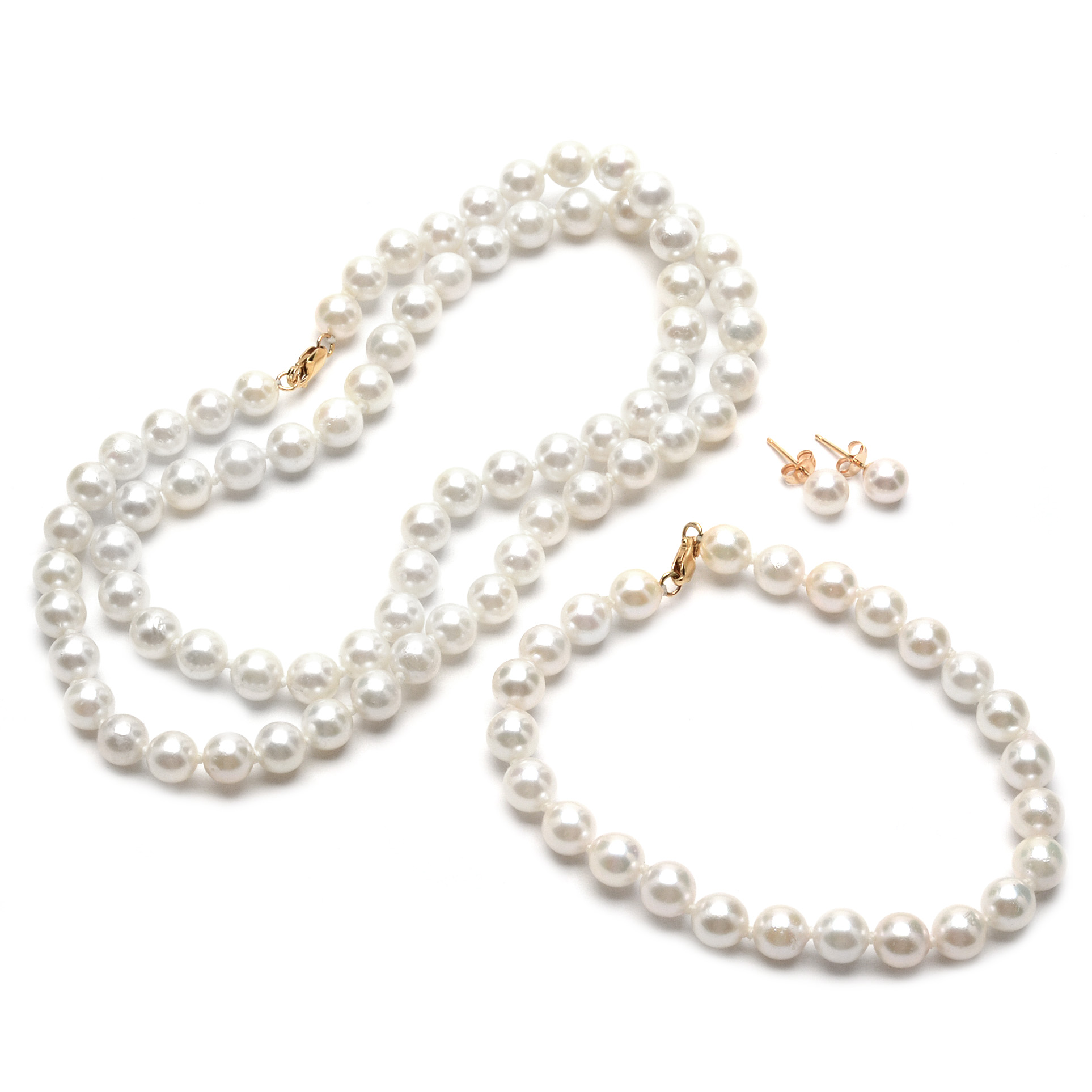 14K Yellow Gold Pearl Necklace, Bracelet and Earring Suite