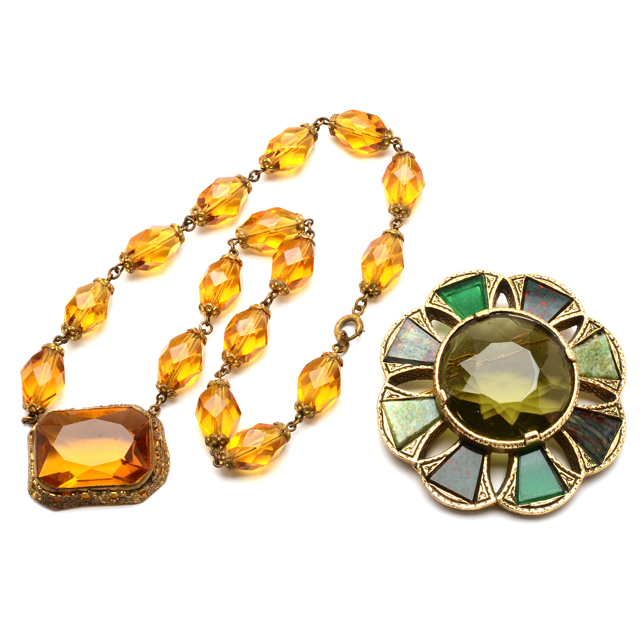 Miracle Scottish Style Brooch and Czech Amber Glass Necklace