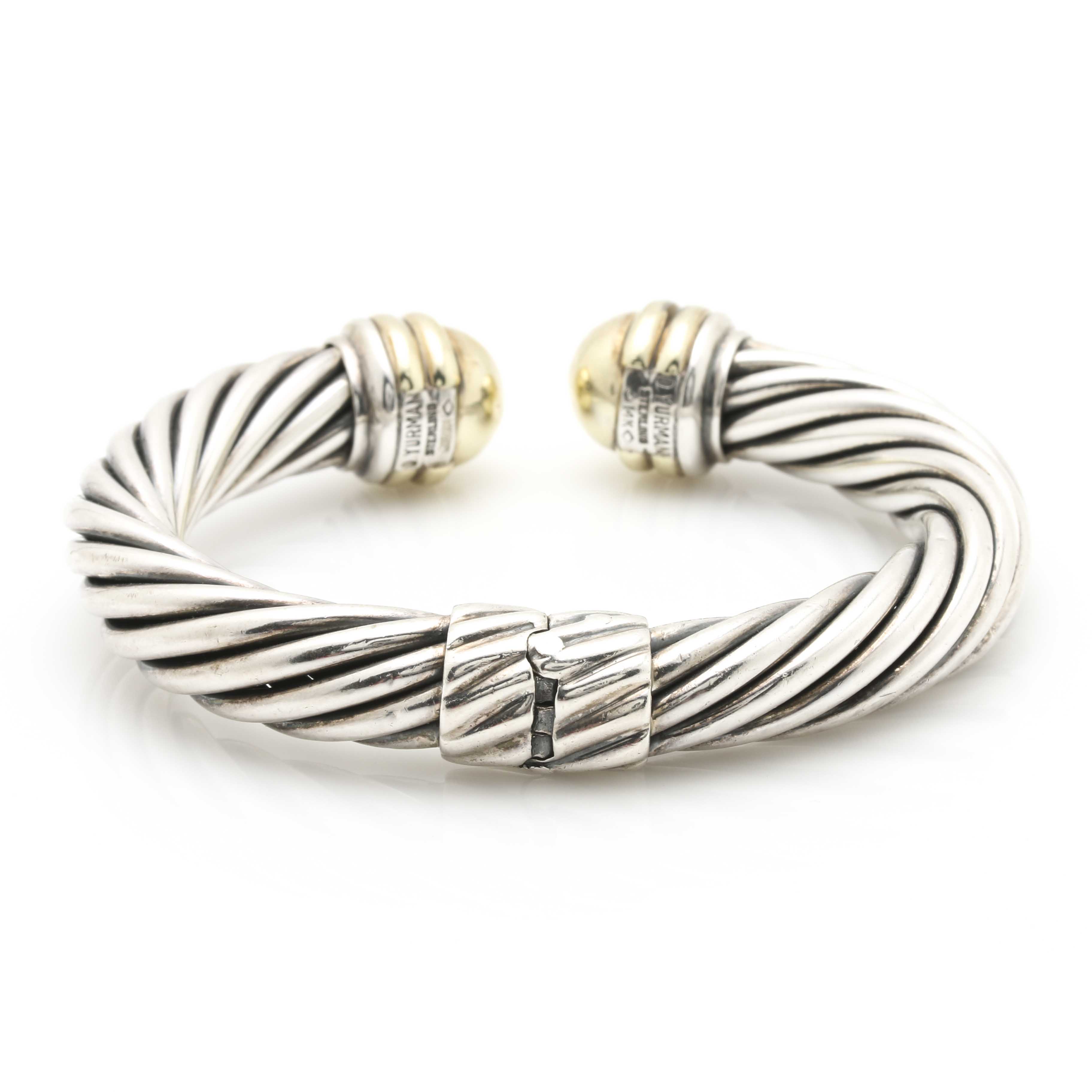 David Yurman Sterling Silver and 14K Yellow Gold Cable Cuff