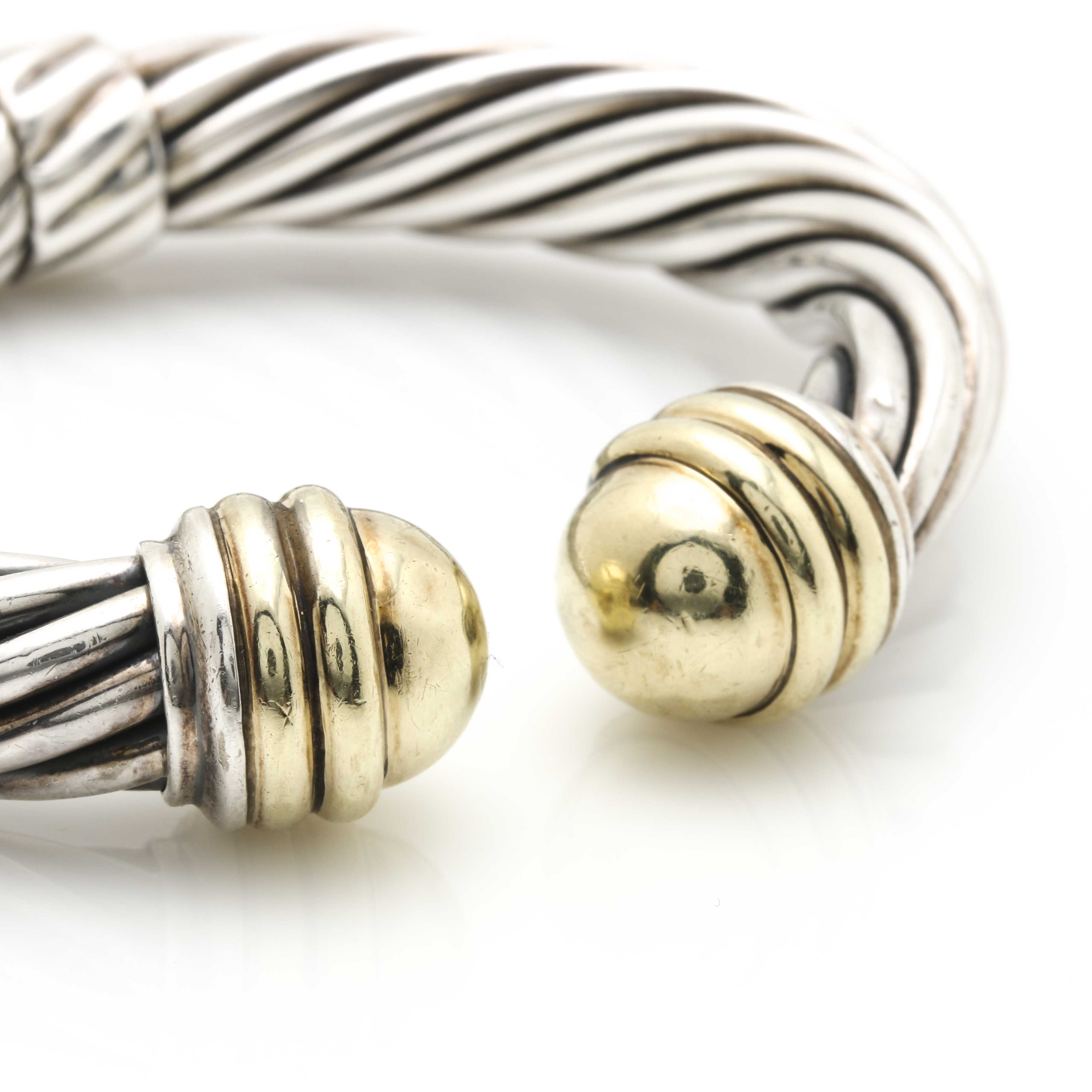 David Yurman Sterling Silver and 14K Yellow Gold Cable Cuff
