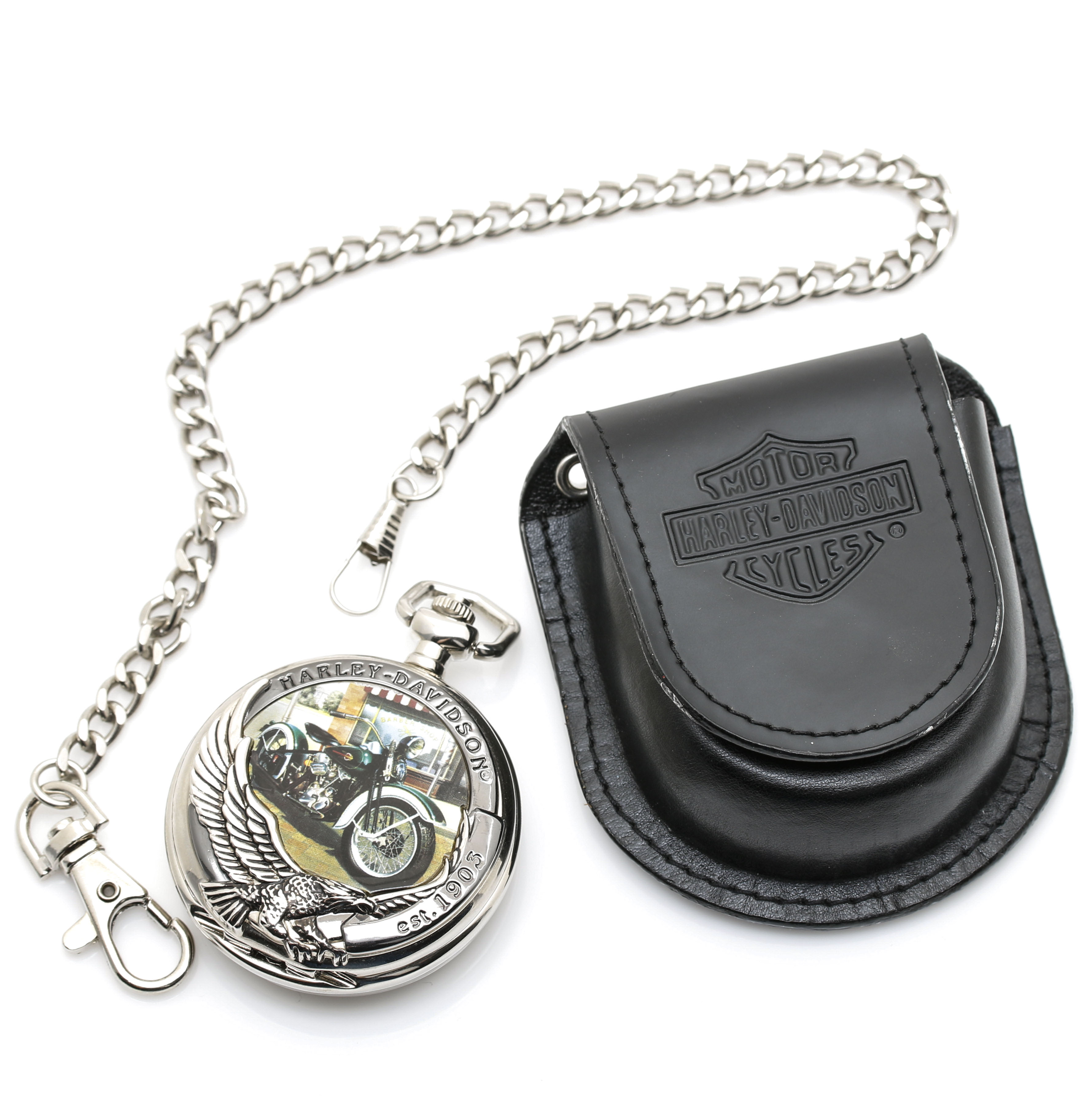 Franklin Mint "Collector Watch" Harley Davidson Knucklehead Pocket Watch, Fob Chain, and Belt Clip Pouch
