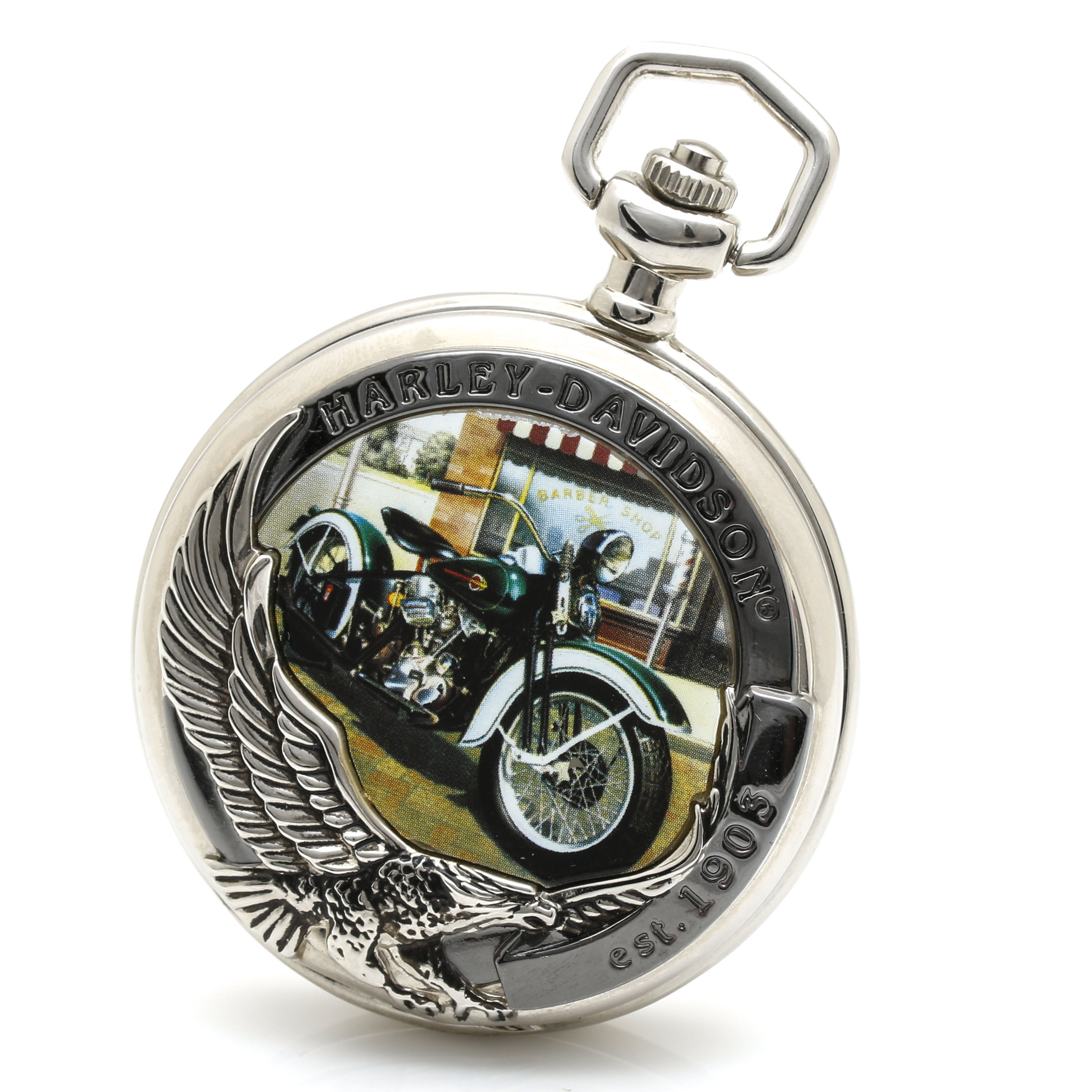 Franklin Mint "Collector Watch" Harley Davidson Knucklehead Pocket Watch, Fob Chain, and Belt Clip Pouch