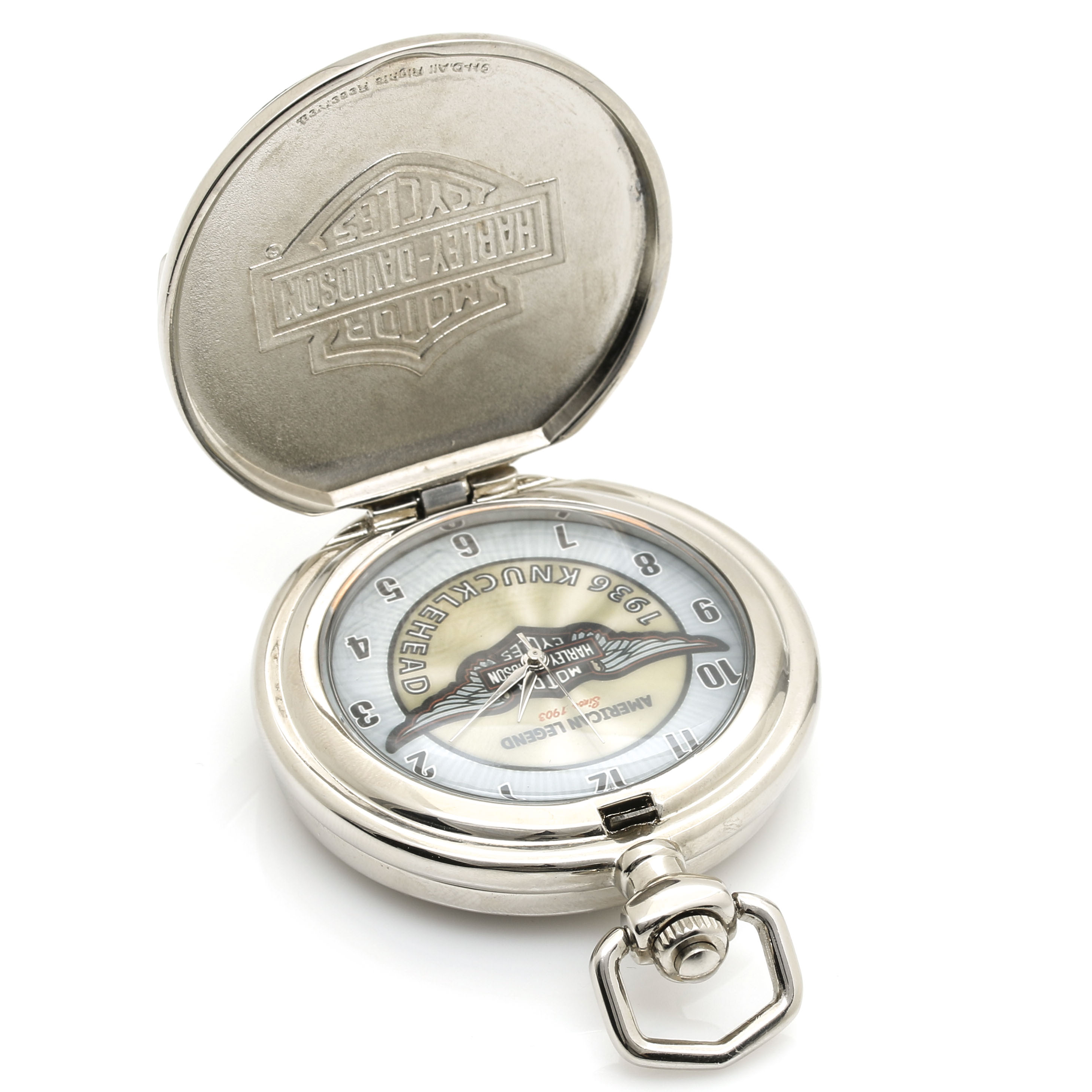 Franklin Mint "Collector Watch" Harley Davidson Knucklehead Pocket Watch, Fob Chain, and Belt Clip Pouch