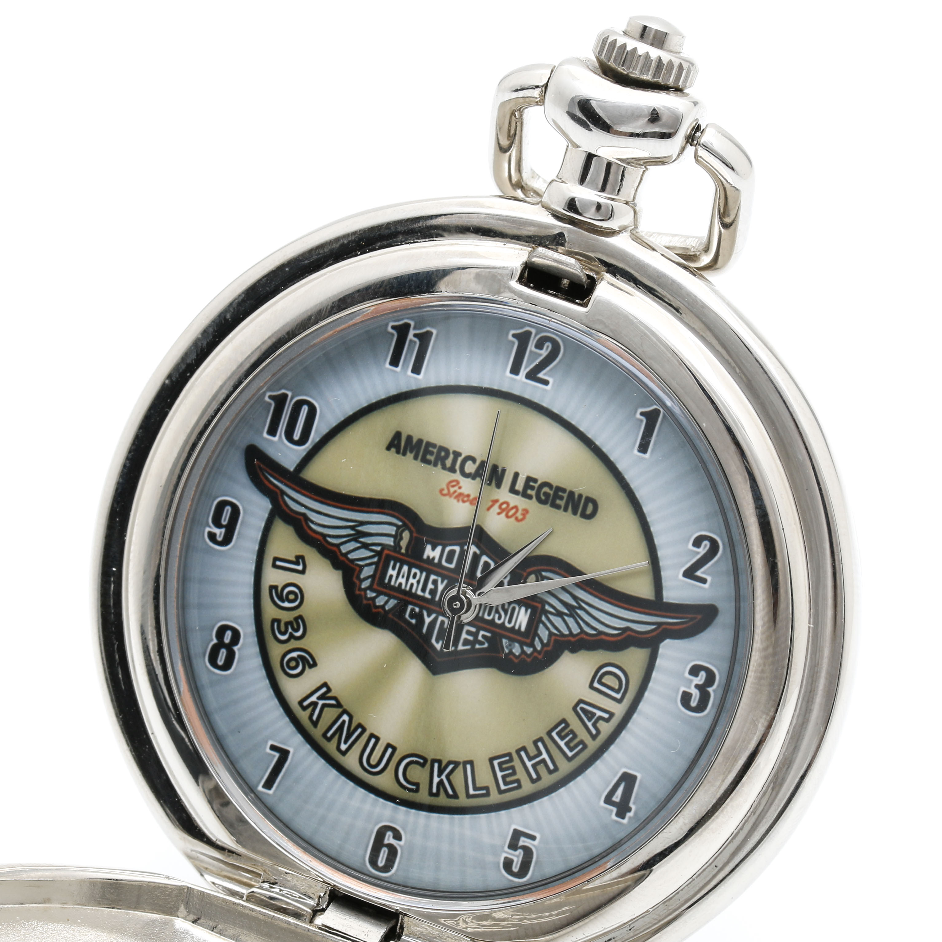 Franklin Mint "Collector Watch" Harley Davidson Knucklehead Pocket Watch, Fob Chain, and Belt Clip Pouch