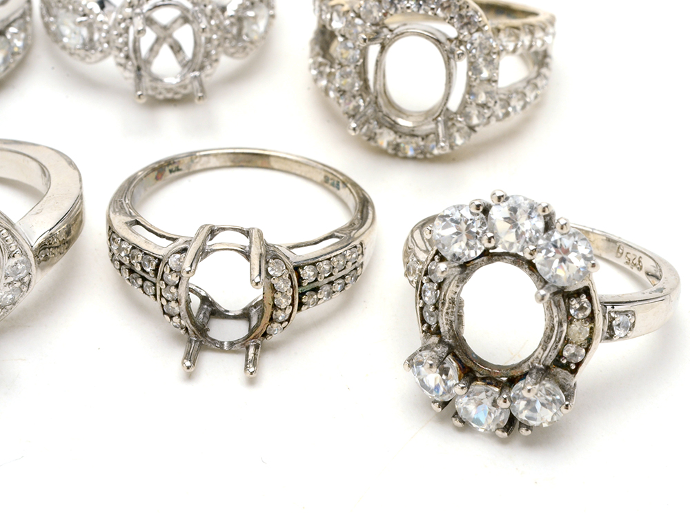 Ten Sterling Ring Mountings With White Zircon Accent Stones