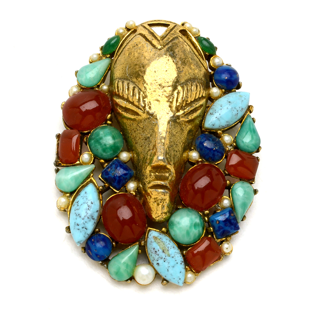 Mid Century Art Brooch Tribal Mask and Faux Gemstones