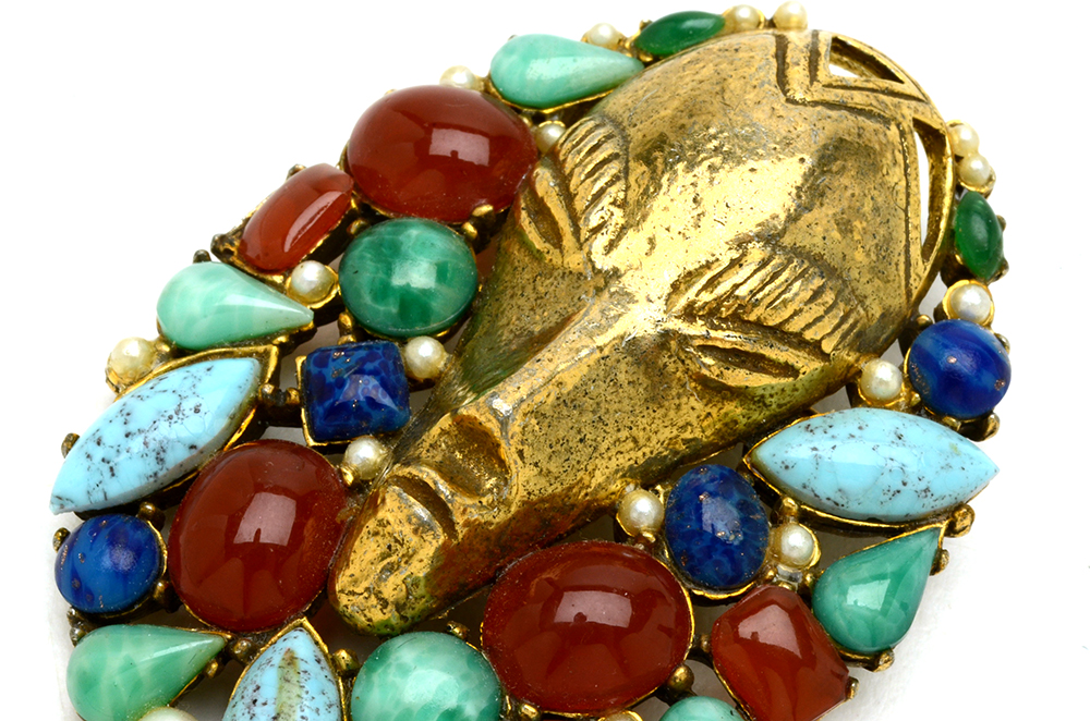 Mid Century Art Brooch Tribal Mask and Faux Gemstones