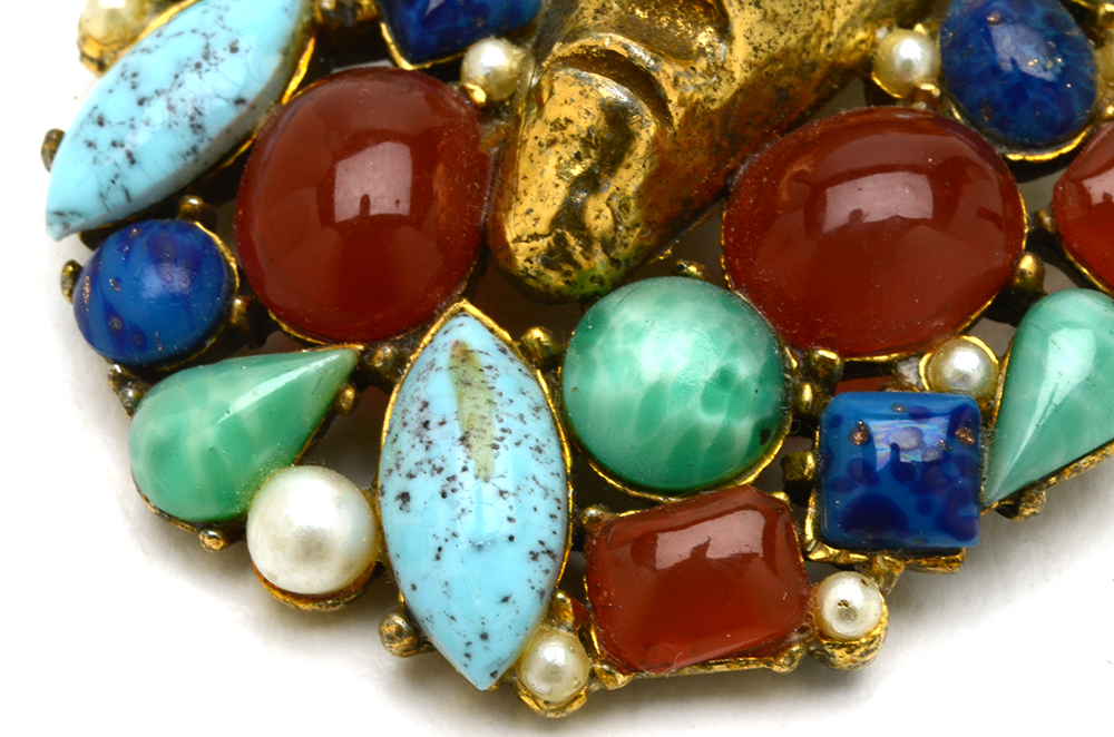 Mid Century Art Brooch Tribal Mask and Faux Gemstones