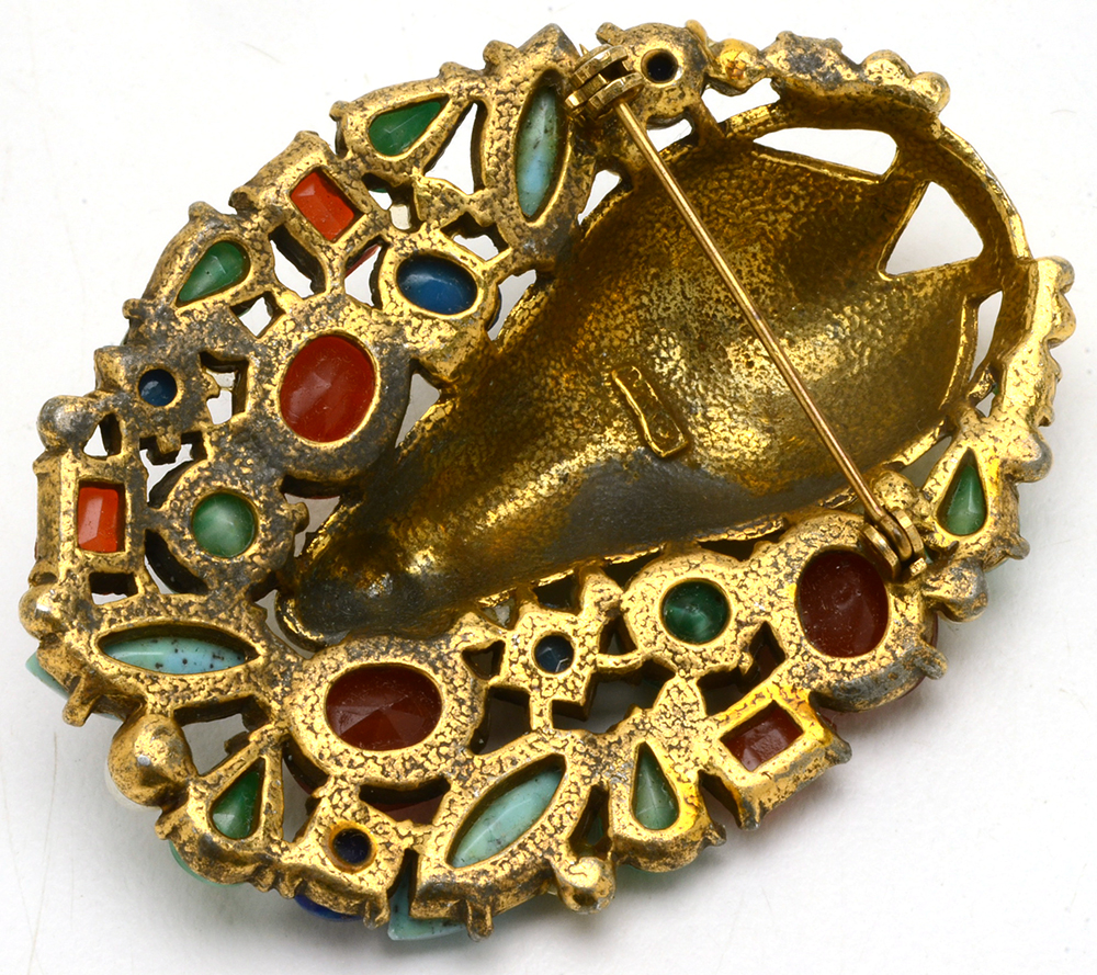 Mid Century Art Brooch Tribal Mask and Faux Gemstones