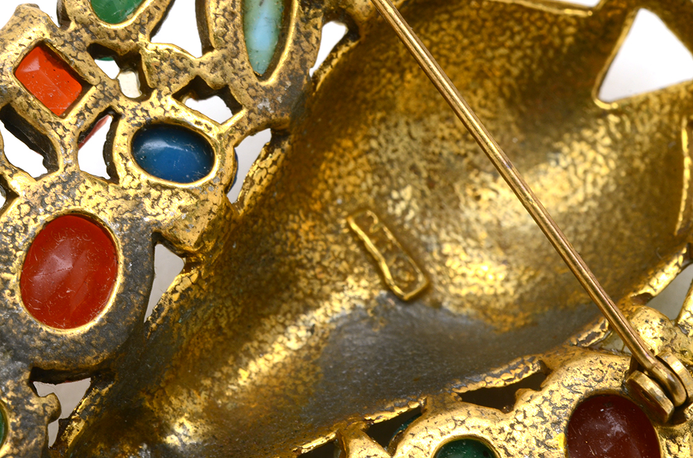 Mid Century Art Brooch Tribal Mask and Faux Gemstones