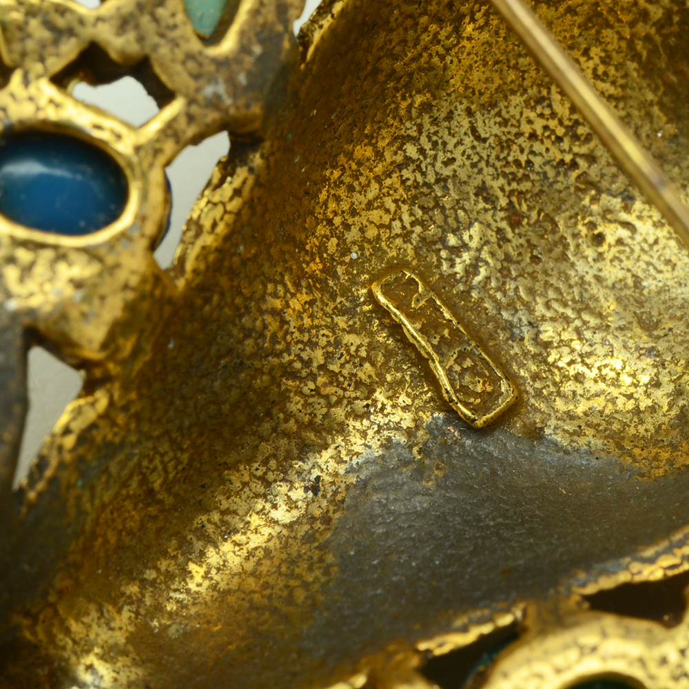 Mid Century Art Brooch Tribal Mask and Faux Gemstones