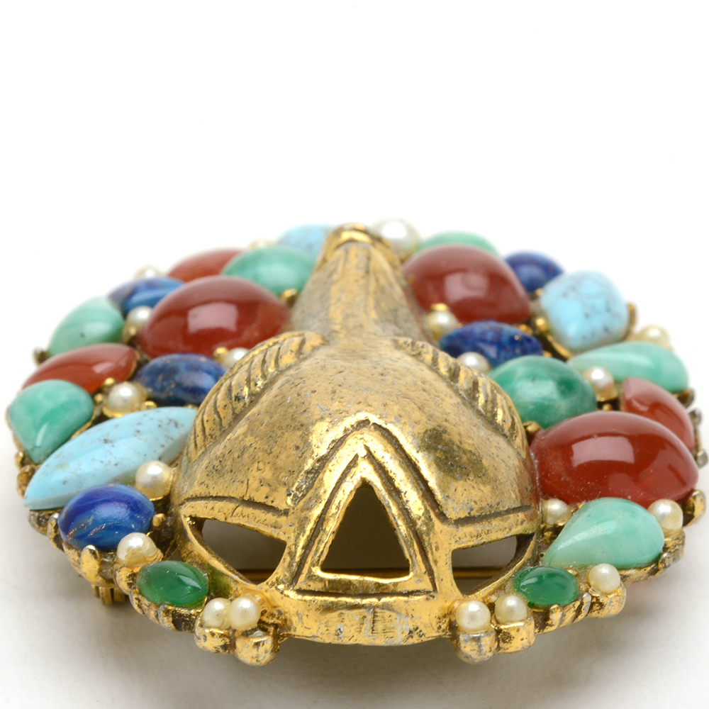 Mid Century Art Brooch Tribal Mask and Faux Gemstones