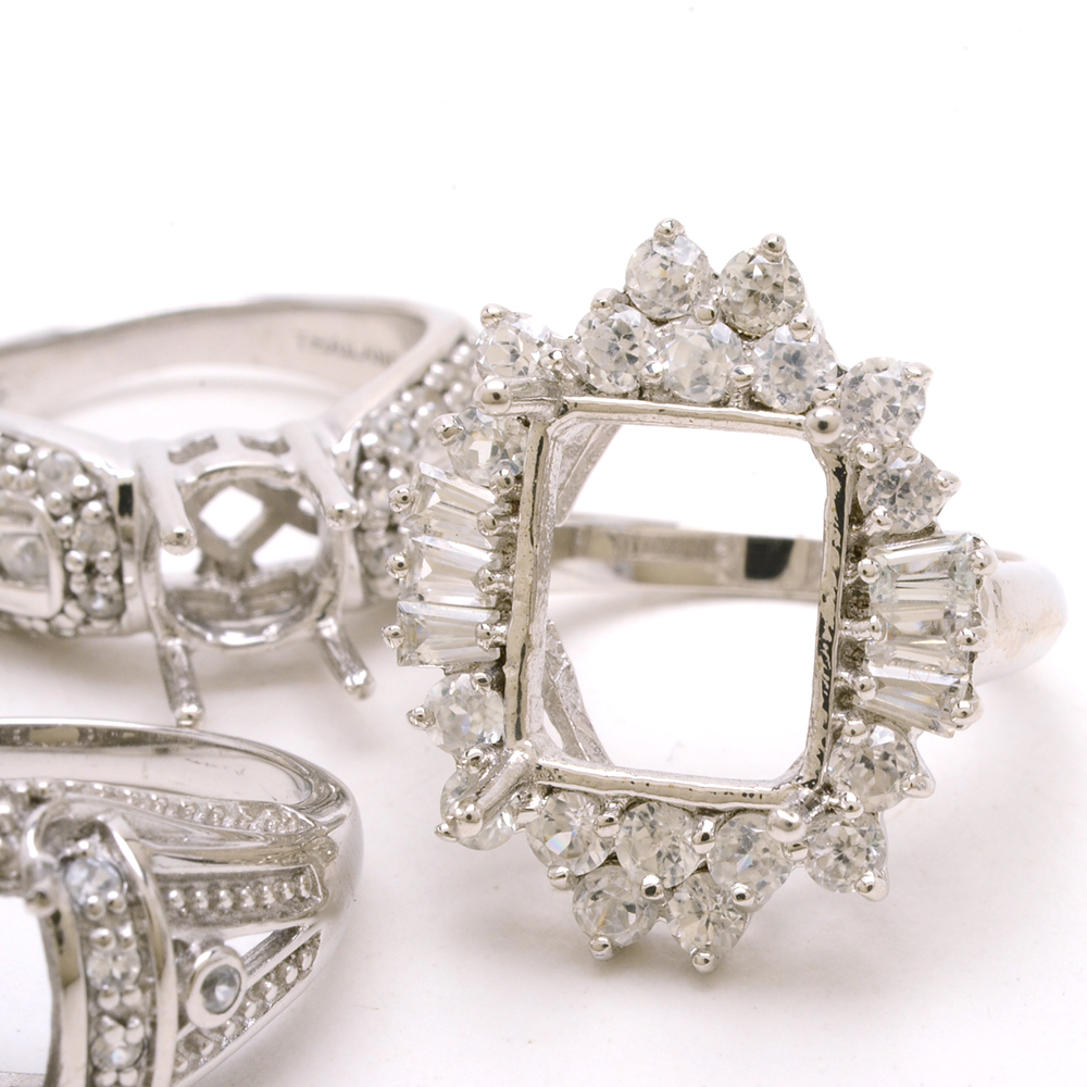 Ten Sterling Ring Mountings With White Zircon Accent Stones