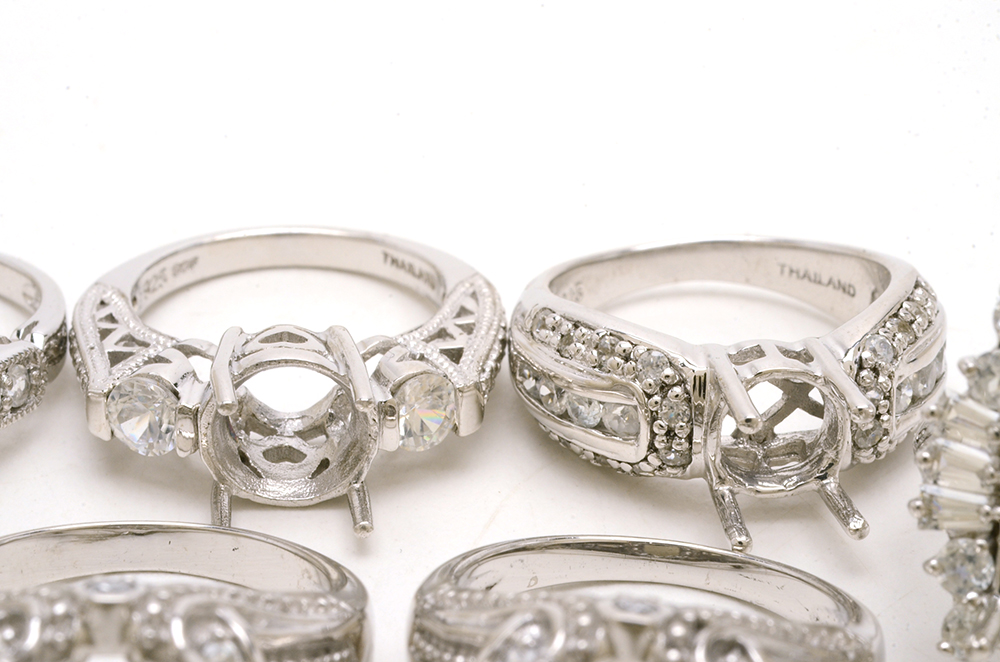 Ten Sterling Ring Mountings With White Zircon Accent Stones