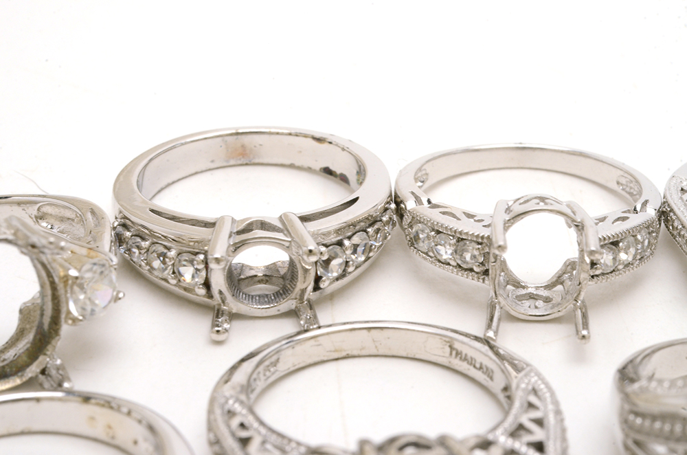 Ten Sterling Ring Mountings With White Zircon Accent Stones