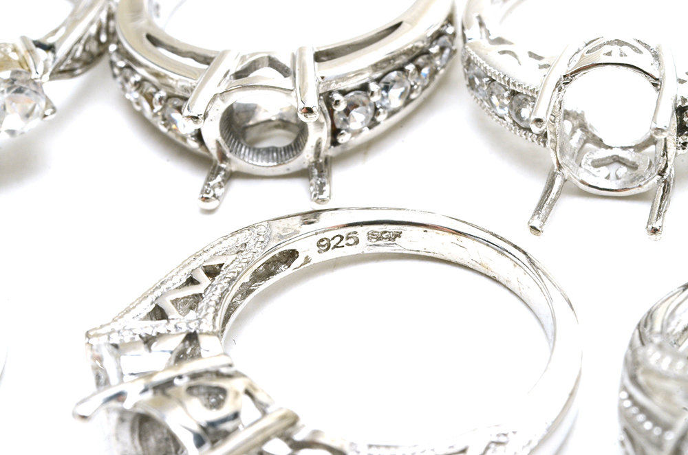 Ten Sterling Ring Mountings With White Zircon Accent Stones