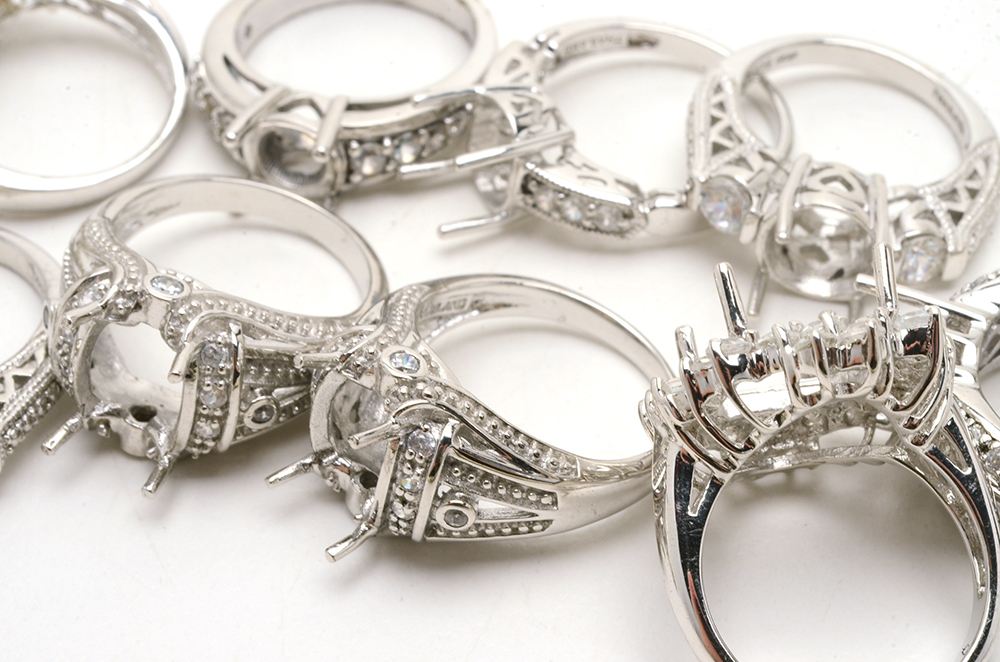 Ten Sterling Ring Mountings With White Zircon Accent Stones