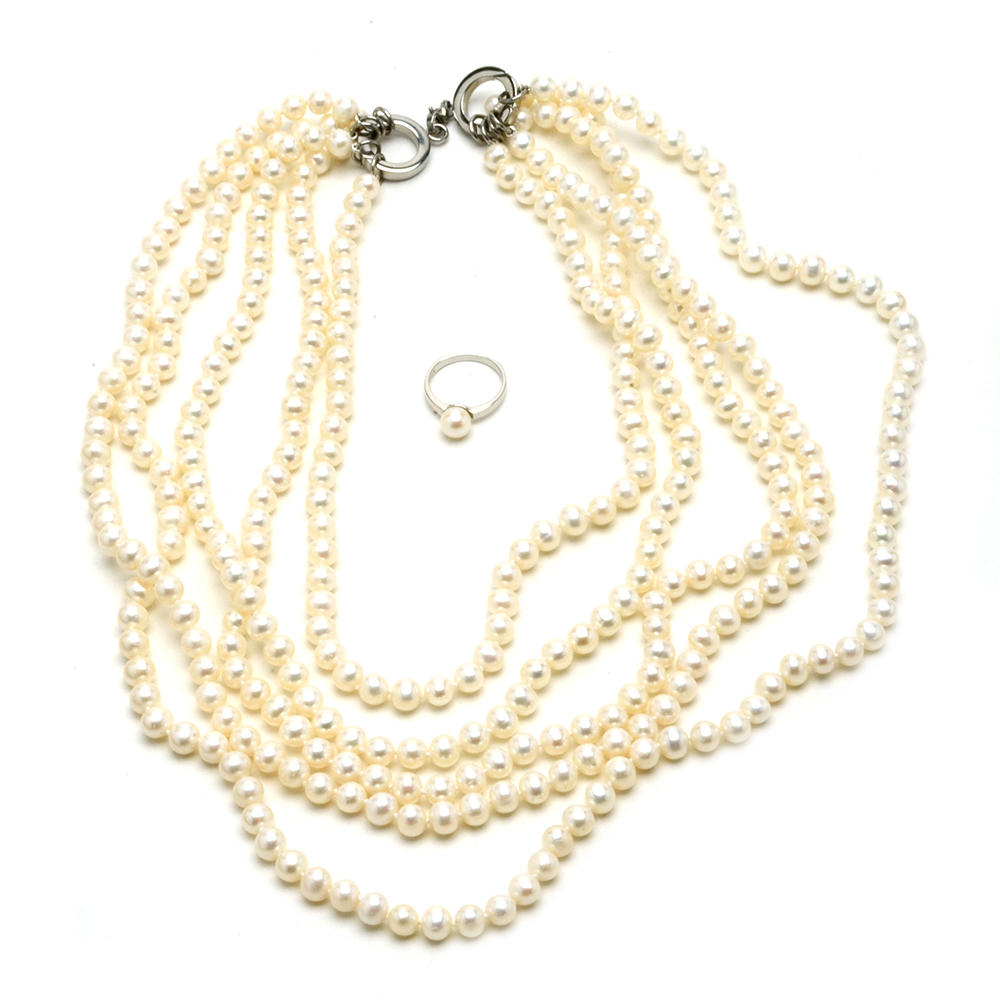 Cultured Freshwater Pearl Multi Strand Necklace and Pearl Ring