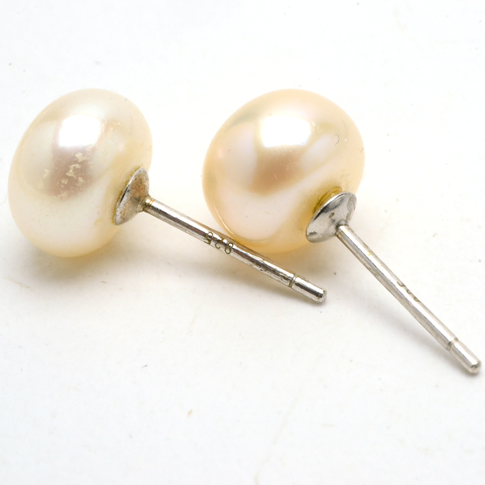 Sterling Cultured Pearl Necklace and Button Pearl Earrings