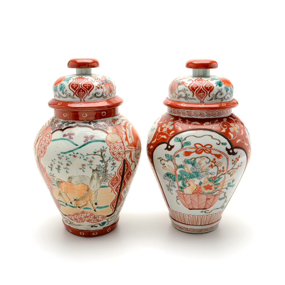 Pair Of Hand-painted Japanese Ginger Jars