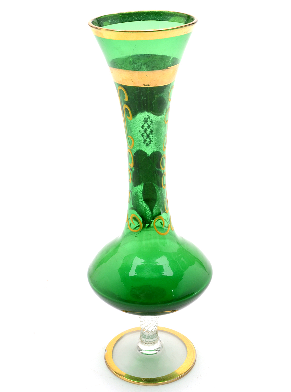 Green Glass Hand Painted Bud Vase