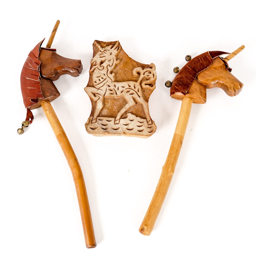 Pair of Wooden Unicorn Puppets and Carving