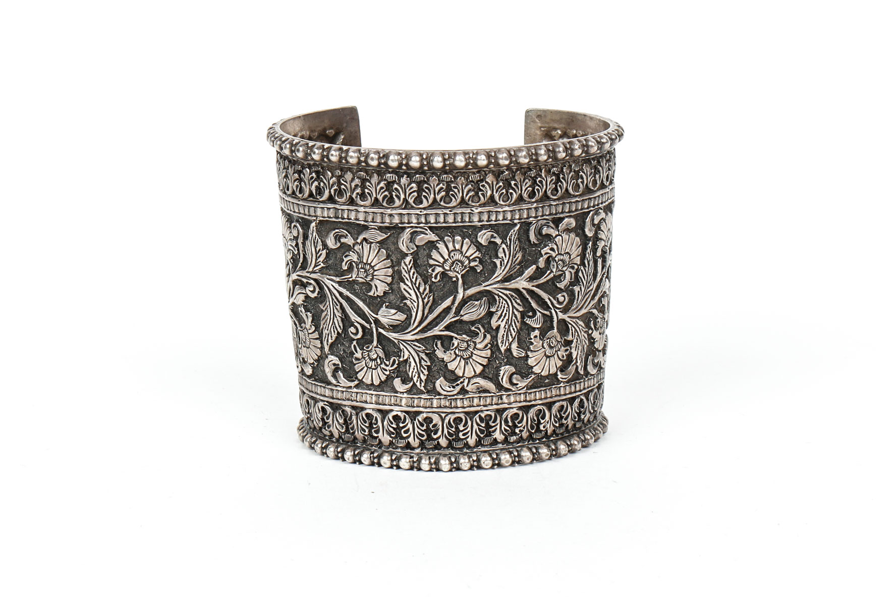 An Ornate Handmade Repousse Sterling Silver Cuff Bracelet